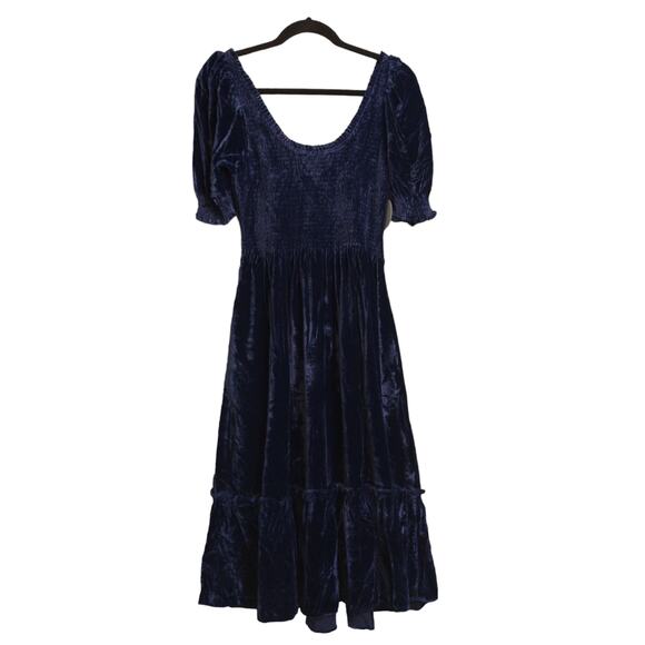 Hill House Louisa Nap Dress Navy Velvet Smocked Scoop Neck Ruffle Hem Midi M New - Picture 2 of 12